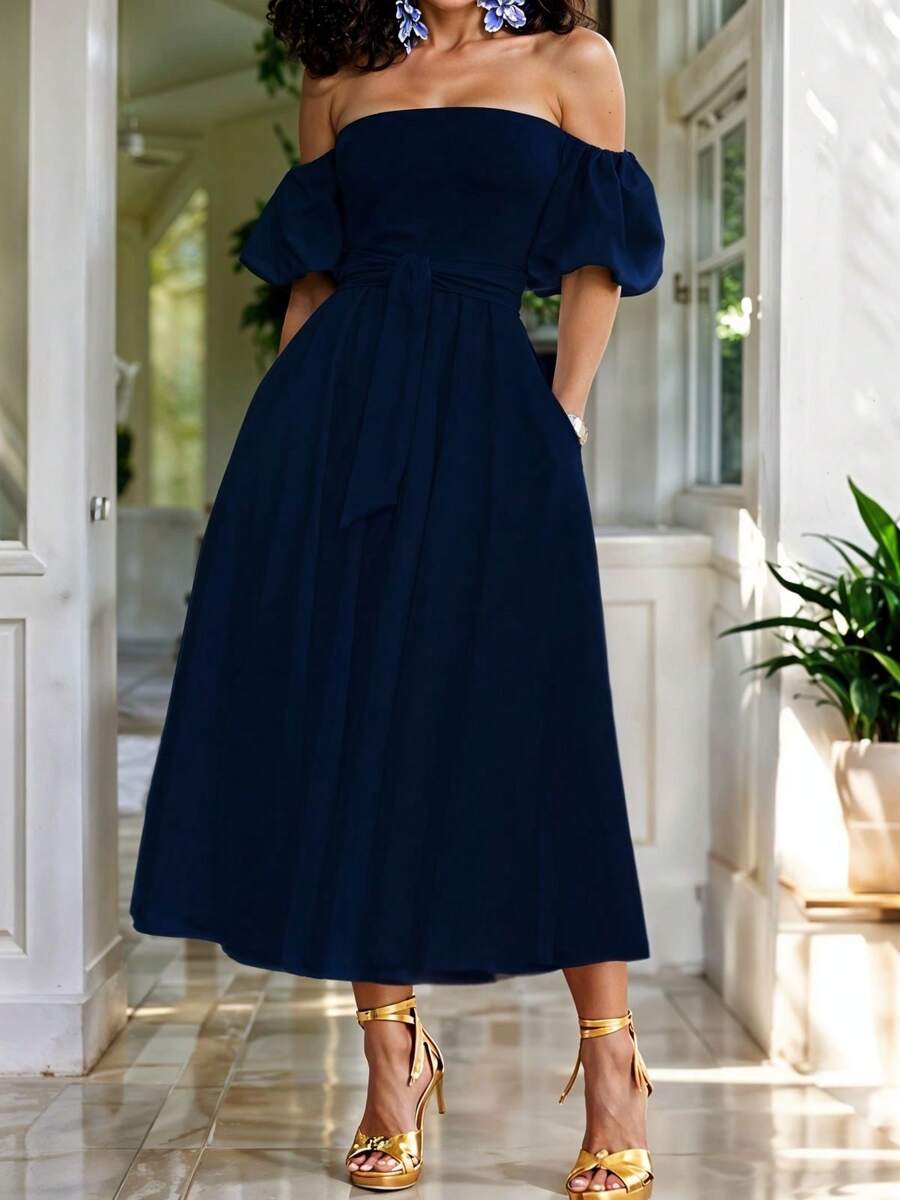 Women's Off-The-Shoulder Long Dress With Adjustable Belt And Puff Sleeves - Azul oscuro - 查看 1