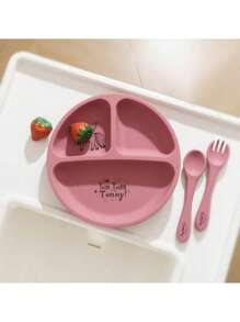 PopLittleOne 3件装婴儿硅胶餐具套装宝宝卡通图案餐具软勺叉吸盘喂食训练婴儿食物储存