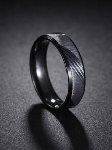 1pc Men's Black Matte Grooved Band Ring - Black - View 1