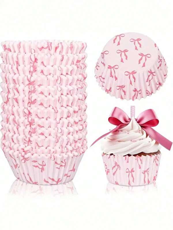 50/100/150pcs Pink Bow Oilproof Cake Paper Holder, Xue Meiniang Paper Holder High Temperature Resistance Cake Paper Cup, Oilproof Paper Cup, Baking Cake Paper Cup, Pink Party Cake Dessert Paper Cup, Wedding Party Cake Paper Cup, Valentine's Day Mother's Day Cake Paper Cup,