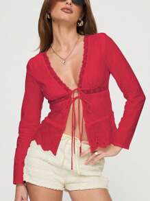 Women Long Sleeve T-Shirts Lace Trim Tie-Up Front Casual Shirts Spring Fall Slim Fit Tops Streetwear - Red - View 2