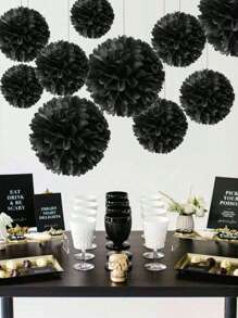 5pcs Black Tissue Paper Pom Poms, Black Paper Lanterns,Paper Flowers, New Year, Birthday, Graduation, Single Lady, Wedding, Bridal Shower Party Decoration,Birthday Party Background Decor Flowers, DIY Hanging Decor