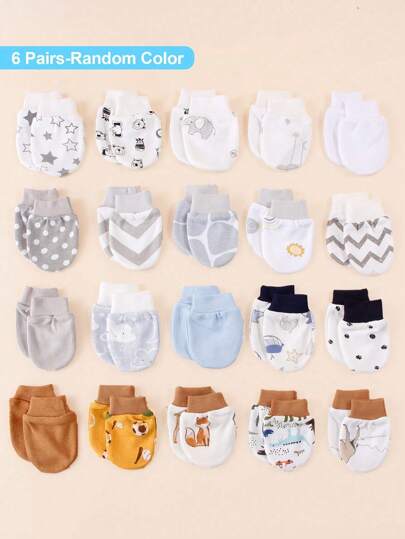 6 Pairs Assorted Colorful Newborn Baby Girl Scratch Mittens, Soft & Skin-Friendly, Applicable For All Seasons, Multiple Patterns Like Rainbow Print, Random Delivery