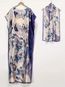 1pc Women Floral Printed Faux Silk Long Scarf With Hijab, Loose Plus Size Shawl For Homewear, Suitable For Summer & Autumn, Indoors And Air-Conditioned Rooms, Abaya Hijab, Modest Kaftan