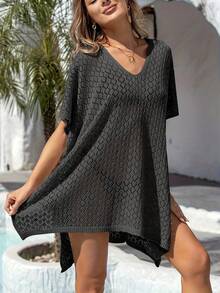 大码女式镂空休闲性感半透明沙滩泳衣罩衫度假黑色夏季 - 黑色 - 查看 5