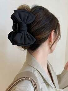 1个优雅简约纯色蝴蝶结发夹，学院风，适合女性日常休闲佩戴，黑色发饰，秋冬季度假装扮，夏季海滩风。 - 黑色 - 查看 5