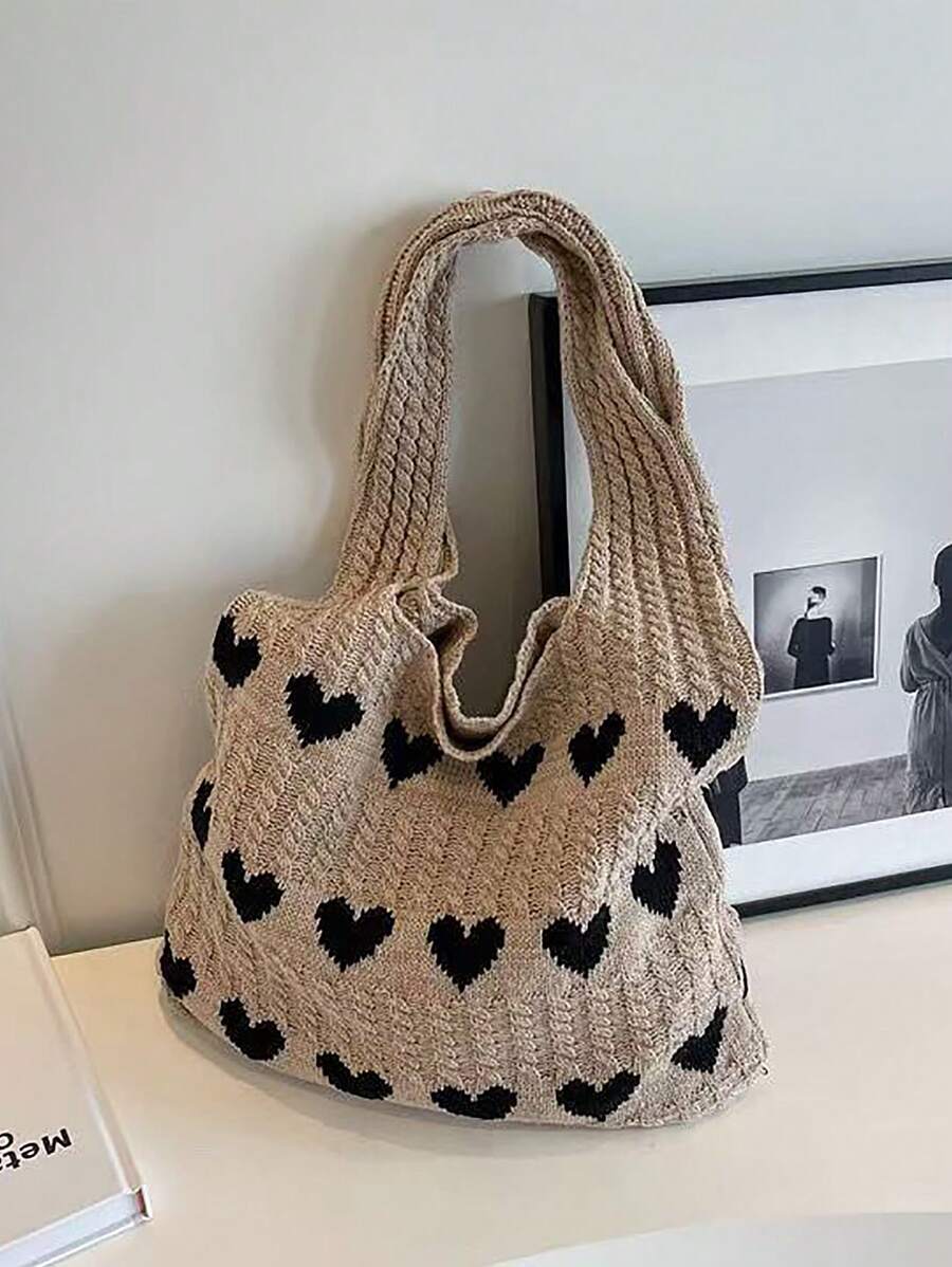Época de Regresso às Aulas, Bolsa de Compras Tricotada Minimalista de Grande Capacidade com Decoração de Coração para Mulher, Mala de Mão Casual e Mala de Viagem, Carteira de Coração, Combinação Perfeita para Vestido do Dia dos Namorados, Mala de Praia Chamativa, Mala de Praia para Primavera Verão Outono Inverno, Adequada para Uso Casual Diário e Férias na Praia