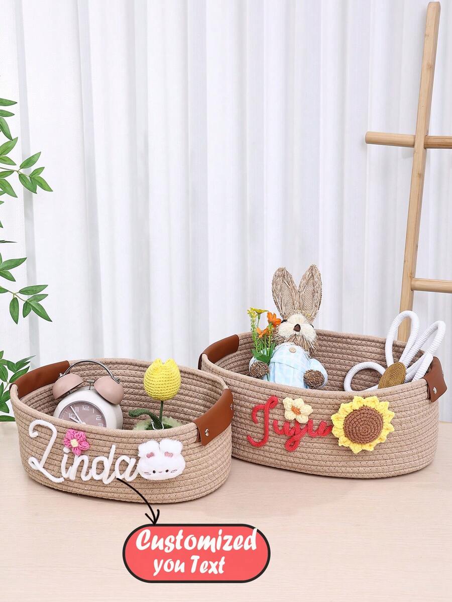 定制手工编织绳收纳篮,适用于浴室、卧室、客厅、宠物玩具、情人节、婚礼、家居礼品、万圣节、返校季学生收纳盒 - 卡其色 - 查看 1