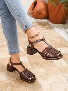 Damen Mode handgewebte Schuhe, Plateau-Sandalen mit dickem Absatz wasserfest, geschlossene Zehenpartie in Braun, neue vielseitige quadratische Zehenform Ausschnitt-Knöchelriemen Plateau-Absatz Lässig Outdoor atmungsaktiv komfortable High-Heel Sandalen für Frühling/Sommer