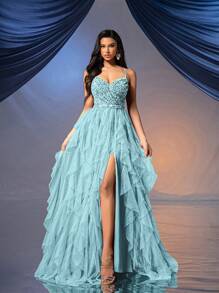 Elisanya Vestido formal de estilo hada para mujer, vestido de noche romántico para bodas, fiestas, eventos de caridad. Vestido de gala de color liso sin espalda con lentejuelas y de tul - Azul menta - Ver 5