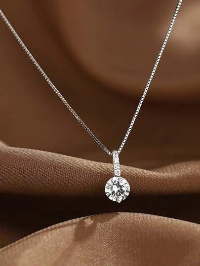 925 Sterling Silver Single Diamond Necklace For Women, Delicate Box Chain Minimalist Nature Style Luxury Dainty Sparkling Pendant Necklace, Gift