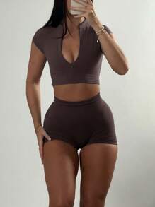 女式两件套修身纯色上衣和短裤简约时尚休闲日常穿着 - 深棕色 - 查看 3