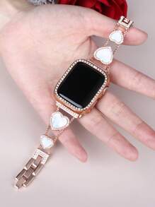 Ensemble combo de bracelet et de coque, bracelet métallique scintillant en strass avec ornement en forme de cœur pour femmes, coque de protection en PC avec strass, compatible avec Série Ultra/10/9/8/7/6/5/4/3/SE, 49/46/45/44/42/41/40/38mm