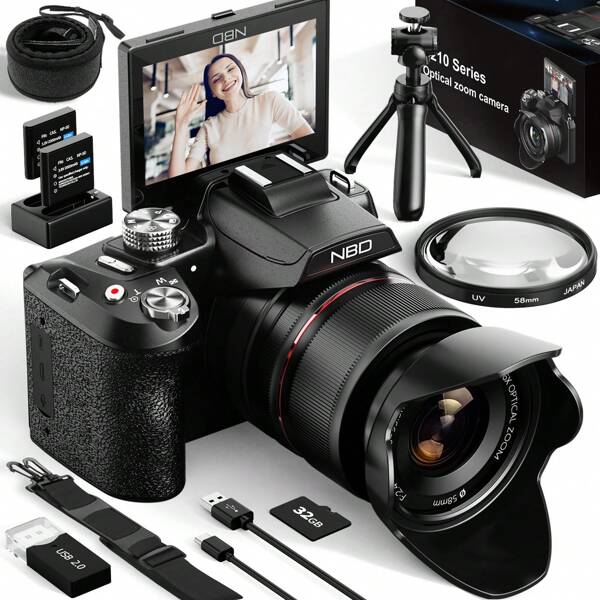 NBD NBD 5K&64MP Digitalkamera für Fotografie, 16X Optischer Zoom Kamera mit WLAN & App Steuerung, Vlogging Kamera mit 180°umklappbarem 3-Zoll Bildschirm, Autofokus, Tasche, 2 Akkus, Kamera Gurt & 32GB Karte