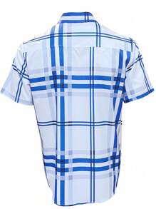 Camisa xadrez de manga curta casual masculina, camisa versátil e elegante para trabalho e lazer, com gola virada para baixo e design de 7 botões - Azul e branco - Ver 4