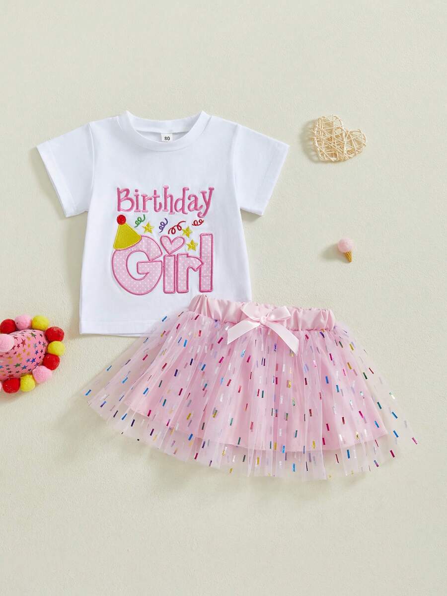 Toddler Baby Girl Birthday Outfit 6 12 18 Months 2T 3T 4T 5T Letter Embroidery Short Sleeve T-Shirt Glitter Tulle Skirt 2Pcs Toddler Cute Birthday Clothes Set - 粉色 - 查看 1