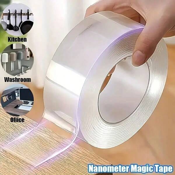 1 rollo de cinta adhesiva doble cara reutilizable, resistente y sin daños, apropiada para uso doméstico, oficina y automotriz, removible y lavable