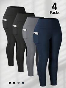 4 Packs Pocket Leggings Plus Size For Women In Spring And Fall, High Waisted Soft Stretchy Yoga Leggings - 2黑1深灰1藏青 - 查看 1