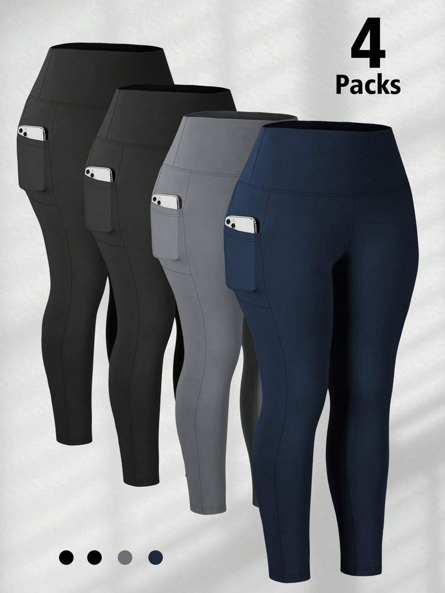 4 Packs Pocket Leggings Plus Size For Women In Spring And Fall, High Waisted Soft Stretchy Yoga Leggings - 2黑1深灰1藏青 - 查看 1