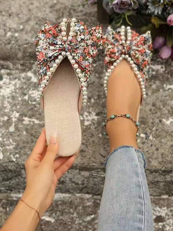Damen bedruckte Lässig Hausschuhe mit Schleife Dekor, Sandalen mit Kunstperlen Verzierung für den Strand, flach