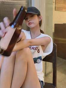 纯色字母印花圆领无袖上衣，宽松休闲女式T恤，春夏