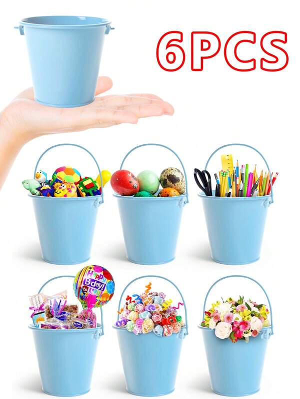 6 Pcs Small Metal Buckets With Handle Best For Party Decor Pencill Holder Classrooms Party Favors ,Votive Candles, Trinkets, Small Plants