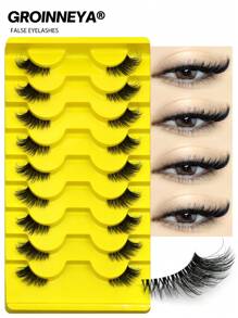 GROINNEYA 9 对假睫毛自然半睫毛猫眼透明带状睫毛蓬松纤细 3D 仿貂毛睫毛套装软条假睫毛