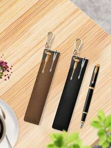 1个皮革铅笔盒，带2个圆珠笔笔套，笔袋，适用于书包、铅笔盒、文具包 - 彩色 - 查看 2