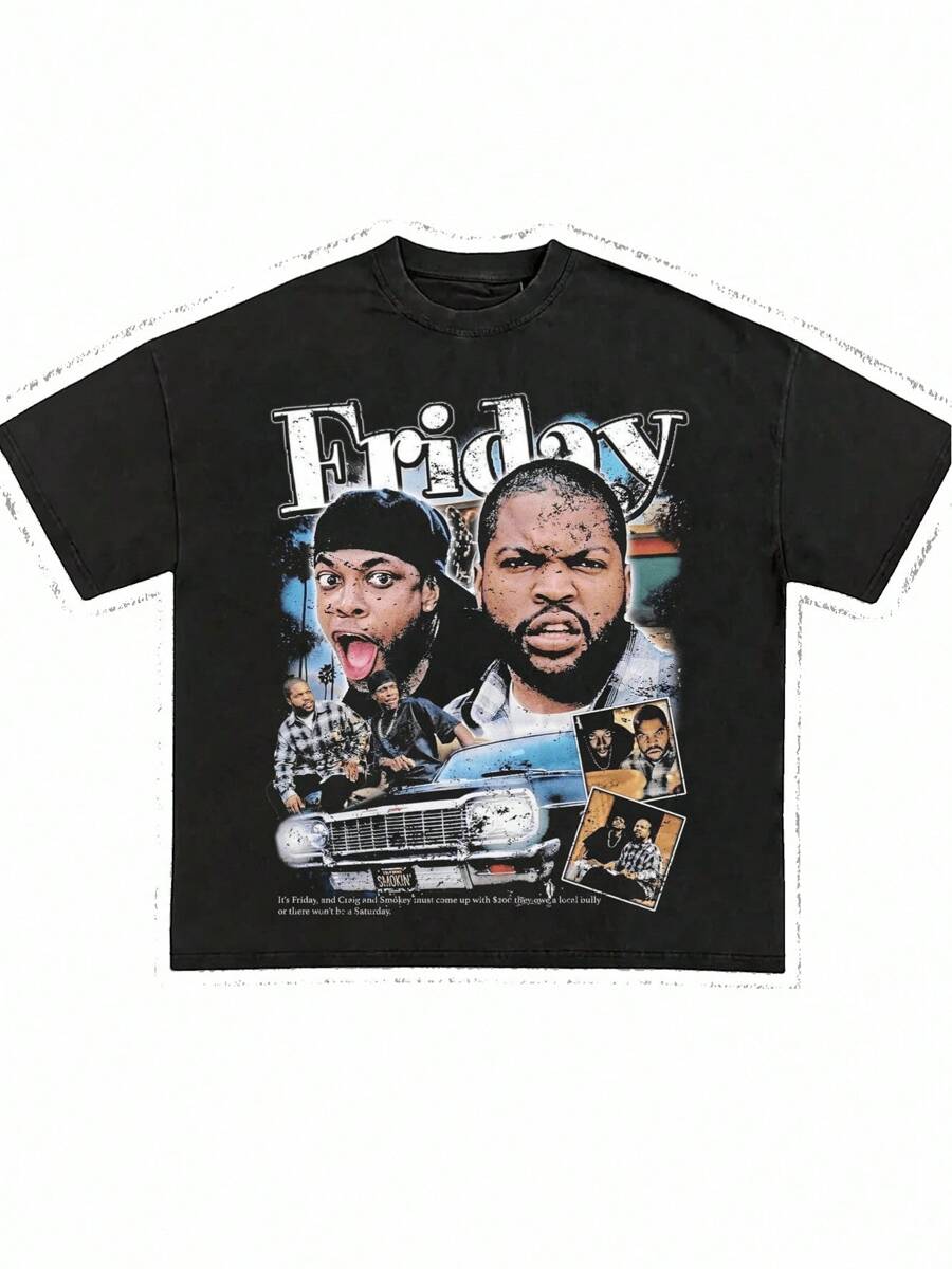 Friday Damn1995 Movie Unisex 90s Hiphop Rap Graphic Print Round Neck Casual Short Sleeve T-Shirt Tees Women Tops, Oversized Y2K Streetwear TeeUnisex Premium Cotton Crew Neck Tee - Classic Fit For Everyday Comfort - 黑色 - 查看 1