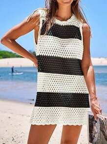 Womens Swimsuit Cover Up Sleeveless Knit Summer Outfits Swimwear Bathing Suit Coverup Crochet Backless Hollow-Out Beach Dress - 條紋 - 查看 4