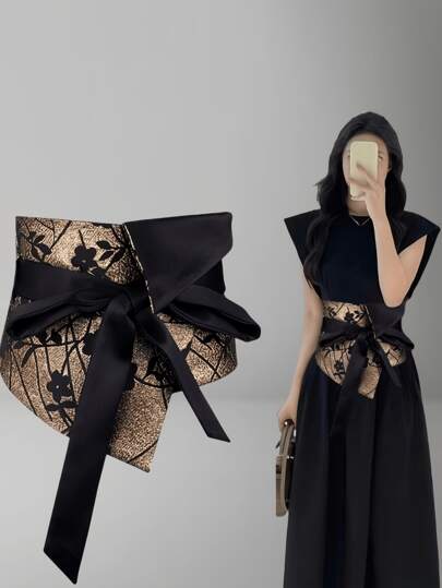 1 件宽腰带配饰复古腰封装饰连衣裙腰带，修身高腰蝴蝶结花朵装饰夏季、学校秋季、秋季、万圣节