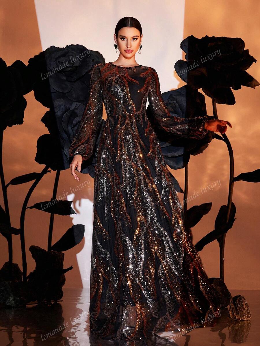 Vestido largo de noche con escote redondo, manga larga y decoración de lentejuelas negras, vestido formal y de fiesta para invitado de boda