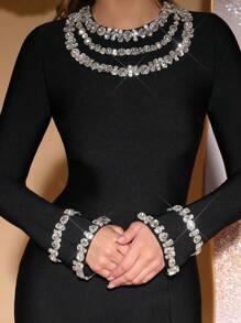 Modphy Luxuriöses, glänzendes, industriell gefertigtes Kristall-Diamant handgefertigtes Perlen-Rundausschnitt-enges langes Bandage-Kleid Hochzeit Brautjungfer Anzug Geburtstags-Party Damen Abendkleid Festkleid für Abend, Hochzeitsgast