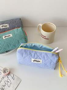 Estuche de lápices con diseño de color block y cuadros, estuche de lápices de diseño básico y suave para papelería, estudiantes, niñas, cosméticos y artículos varios, de vuelta a la escuela, útiles escolares, estuche de lápices, mochila escolar