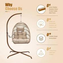 Cozy Hanging Egg Chair With Stand Indoor Outdoor, Wicker Patio Basket Swing Chair With Cushion And Golden Legs, 350lbs Durable Sturdy Egg Hammock Chairs For Deck Balcony Backyard Porch, Golden/Beige