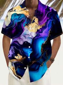 大码男式时尚渐变色抽象 3D 数码印花纽扣口袋短袖衬衫