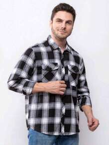 Men's Long Sleeve Plaid Flannel Shirt - 黑與白 - 查看 1