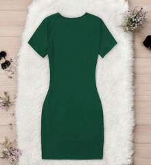Women's Straight Dress With Embroidered Flower Creeper Design - Green - View 2