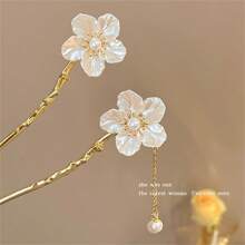 1 Peça Palito de Cabelo com Flor de Hibisco, Borla e Pérola Falsa em Estilo Chinês, Acessório de Cabelo para Hanfu/Qipao, Acessórios de Cabelo, Presilha, Coque, Acessório de Coque, Prendedor de Cabelo, Acessórios de Cabelo com Pérola, Material Escolar