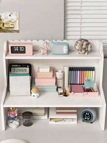 1 pieza Estantería vertical de escritorio de madera blanca y plástico, organizador de mesa para dormitorio, sala de estar, oficina y dormitorio para libros, papelería, figuras, computadoras y otros artículos