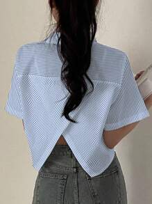 Women's Casual Short Sleeve Striped Button-Down Shirt With Asymmetric Cross Design