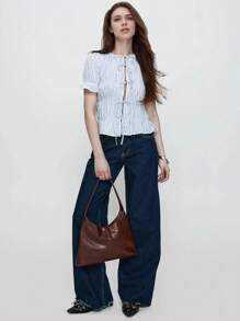 Women's Casual Comfort Blue & White Striped Pattern Round Neck Ruched Front Tie-Up Slit Hem Shirt Summer - Blue and White - View 7