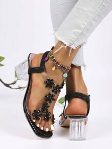 New Year's Rhinestone Sandals For Girls, Stylish Chunky Mid-Heel And Crystal Clear Heel, High Heel Dance Shoes, Suitable For Teenagers And Children, School Style, High Heel Dance Shoes