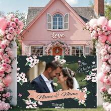 1 st. Aanpasbare Polyester Bloemen Verlovingsfeest Fotografie Achtergrond Banner Met Naam, Portret, Datum, Geschikt Voor Taarttafel, Huis, Muur, Buiten, Bewegwijzering, Decoratie