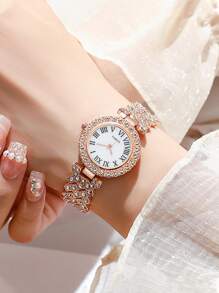 6-Piece Girl's Watch Set With Rhinestones, Roman Numeral Dial Quartz Watch + Bracelet, Necklace, Ring, Earrings, Alloy Band And Case, Gift For Mother's Day, Birthday, Anniversary - Multicolor - View 10