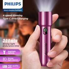 PHILIPS 1pc Strong Light LED Flashlights Household Mini Torch With 4 Lighting Modes, Pink/Red Flashlights USB Rechargeable, Multifunctional Outdoor Portable Lighting Emergency Lights For Camping, Hiking, Home Use, Dog Walking, Sports, Reading, Thanksgiving, Christmas Gifts