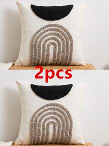 1件/2件套半圆形几何黑色和咖啡色图案抱枕套，帆布和天鹅绒刺绣工艺方形靠垫套，适用于卧室、客厅、沙发、花园装饰，尺寸：30*50厘米、45*45厘米、50*50厘米（不含枕芯） - 摩卡棕 - 查看 19