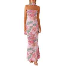 Womens Floral Strapless Dress Y2k Backless Sleeveless Tube Maxi Long Dresses Sexy Mesh Bodycon Summer Beachwear - 綠色 - 查看 1