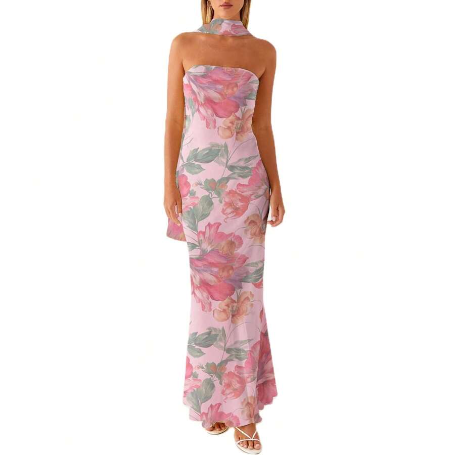 Womens Floral Strapless Dress Y2k Backless Sleeveless Tube Maxi Long Dresses Sexy Mesh Bodycon Summer Beachwear - 綠色 - 查看 1