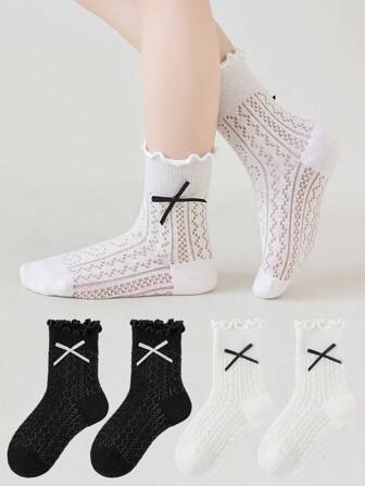 4 双小女孩蝴蝶蕾丝边网眼袜，轻便夏季、春季/秋季，适合 2-3 岁/3-8 岁/8-12 岁